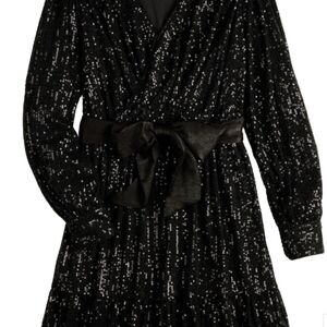 Black Sequin Wrap Dress with Bow Waist